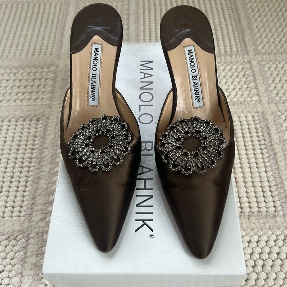 Manolo Blahnik Brown Satin mules with rhinestone appliqué Size 5  1/2